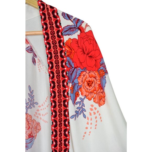FLYING TOMATO FLORAL CREAM RED OPEN DRAPED KIMONO - Picture 3 of 8
